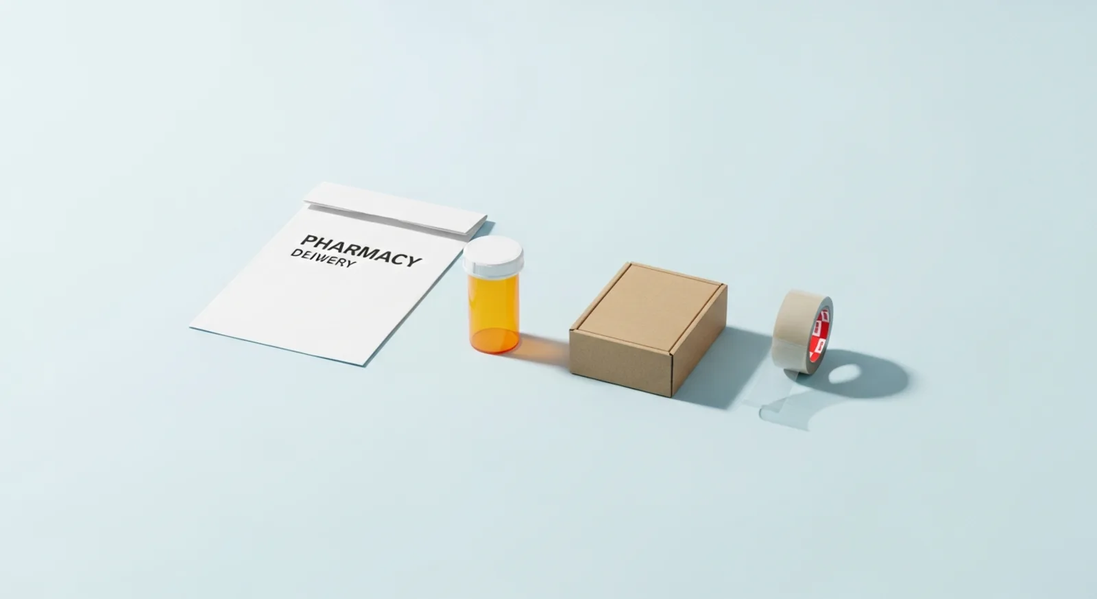 Pharmacy bag, shipping box, prescription bottle, and packing tape on a light blue background