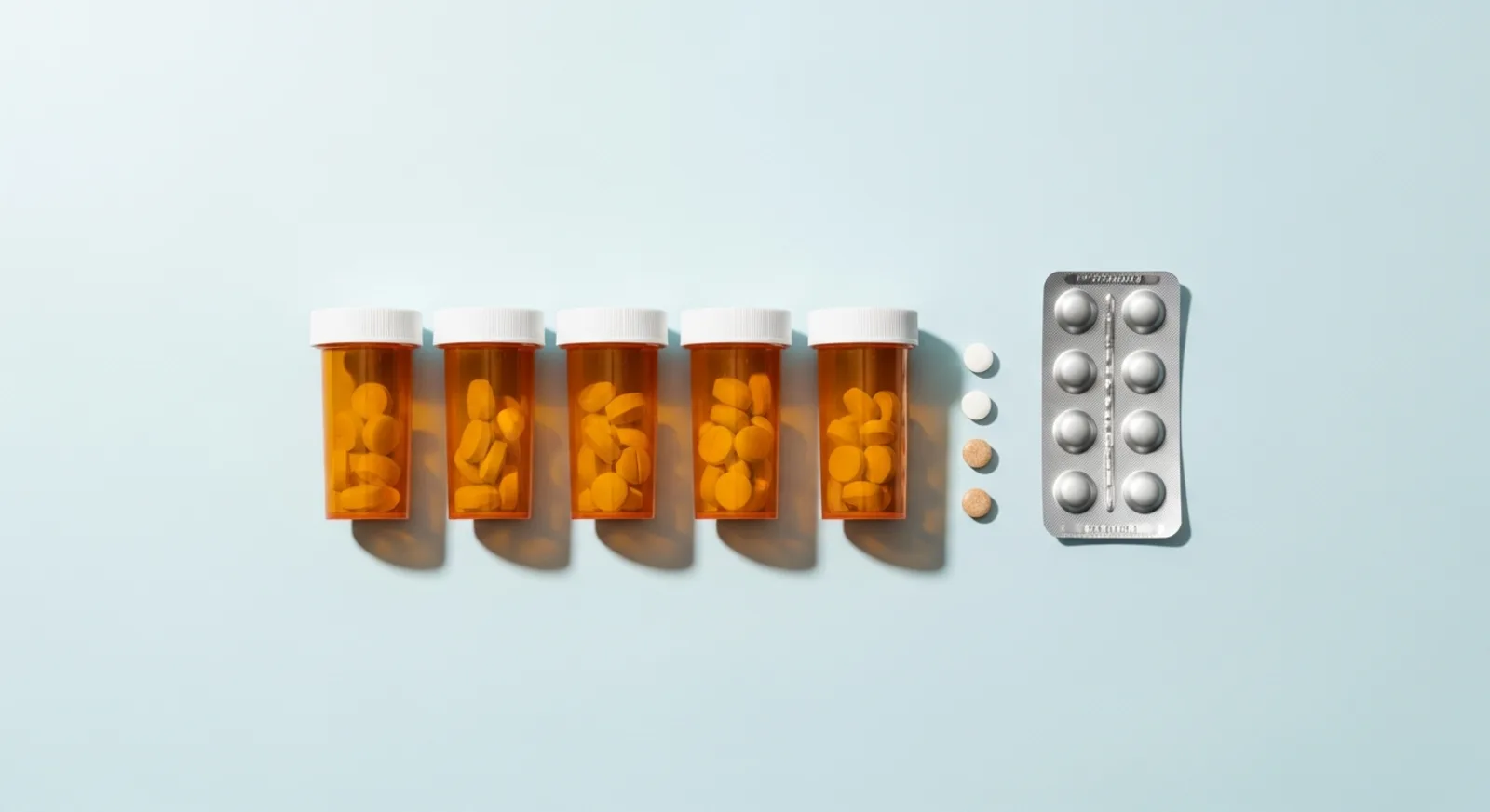 Row of prescription bottles with a blister pack and loose pills on a light blue background