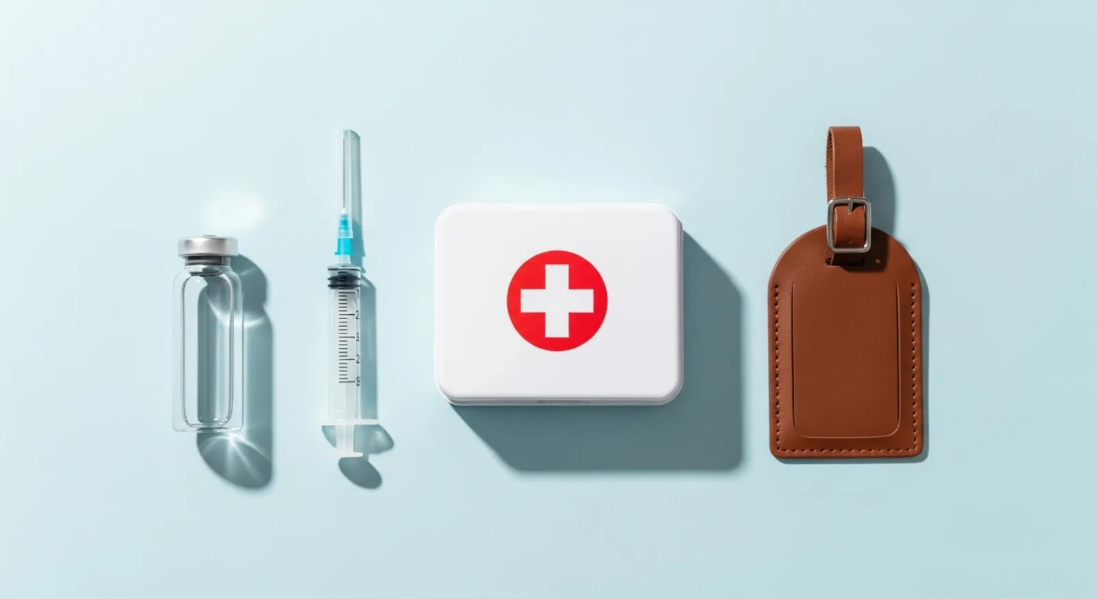 Vaccine vial, syringe, sunglasses, first aid kit, and luggage tag on a light blue background